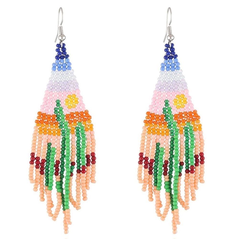 Desert Cactus Boho Seed Bead Tassel Dangling Statement French Wire Hook Earrings